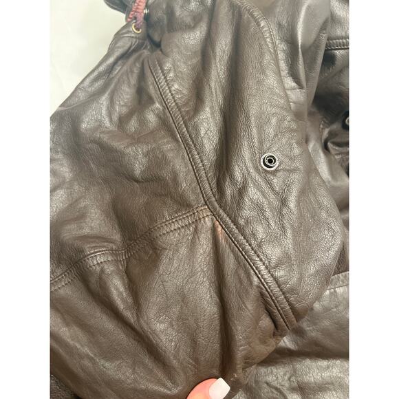Vintage All American Men's Brown Leather Down Long Hooded Zip Coat Size Large - Picture 12 of 13